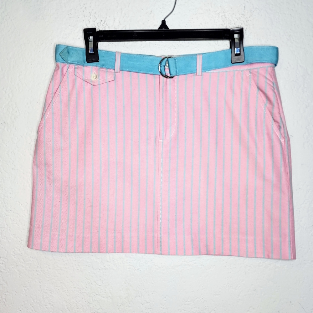 Ralph Lauren Pink w Blue Stripes Mini Skirt Sz 8 w Blue Detachable Belt, Pockets